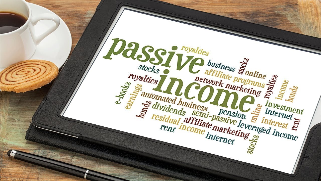 A tablet displaying passive income ideas next to a cup of coffee.