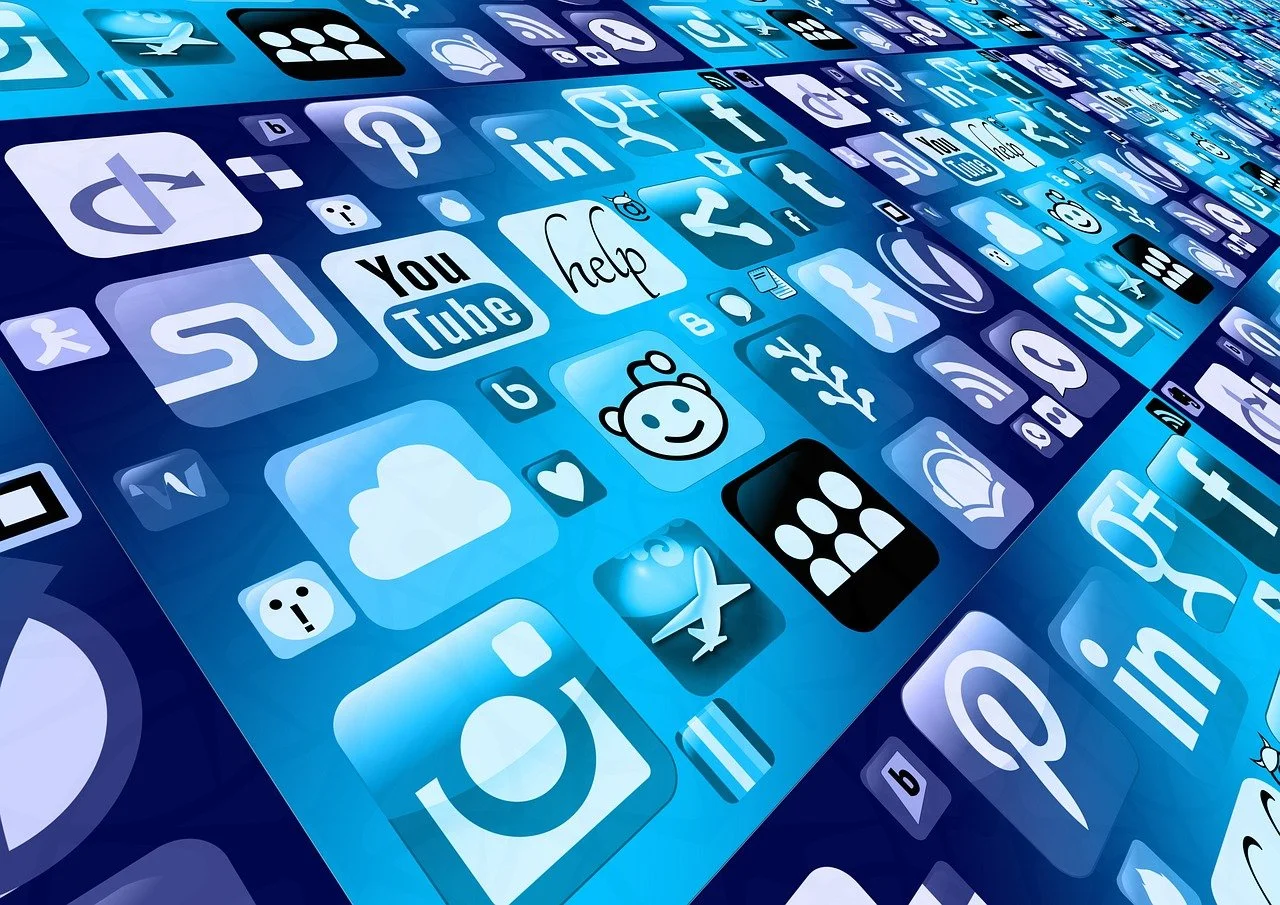 Social media icons on a blue background.