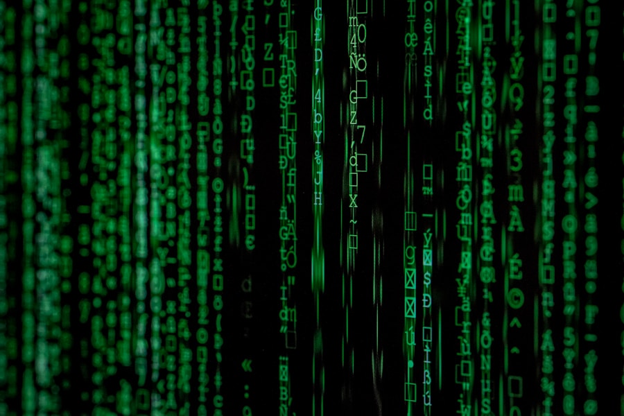 A close up of a green matrix code.