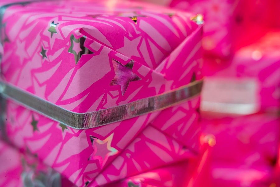 A pink gift wrapped in zebra pattern.