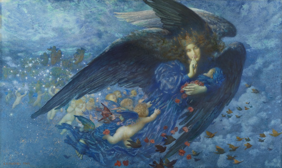 A mystical painting of a woman with large, dark wings underwater, surrounded by smaller figures and colorful fish.