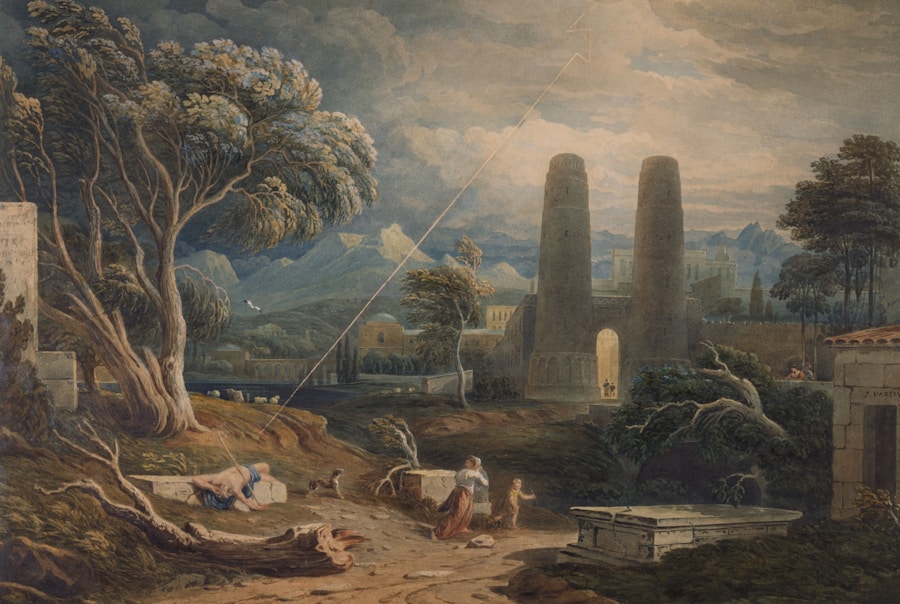 Pastoral landscape with ruins and figures washing clothes near a stream.