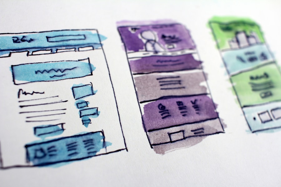 Hand-drawn website wireframe sketches with color highlights.