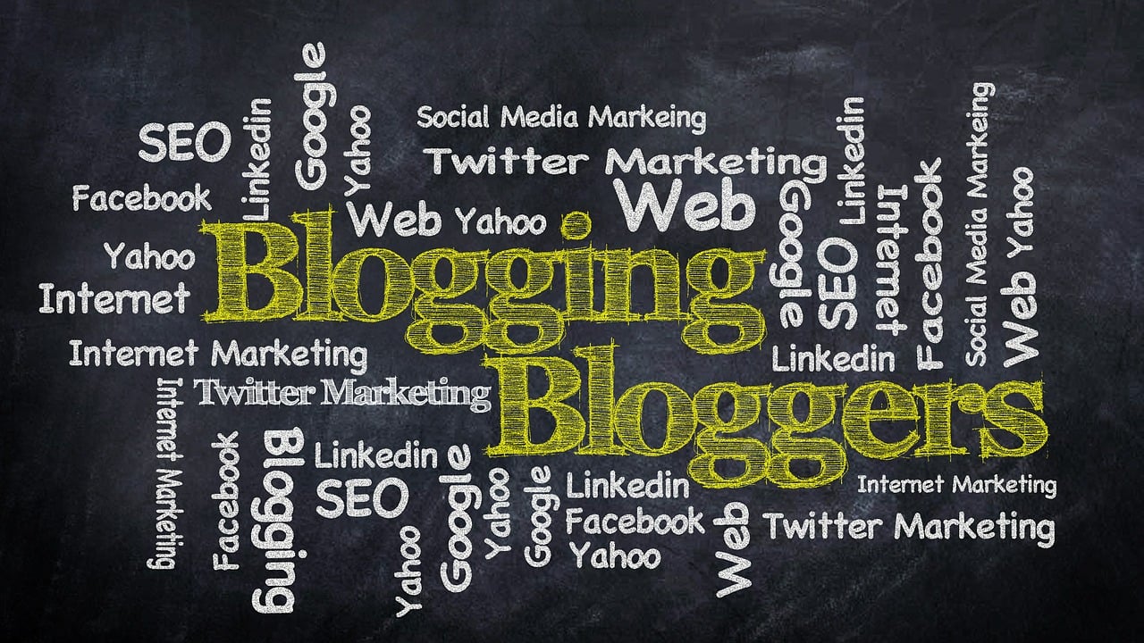 Chalkboard with blogging and social media terms in a word cloud design depicting authority blogs