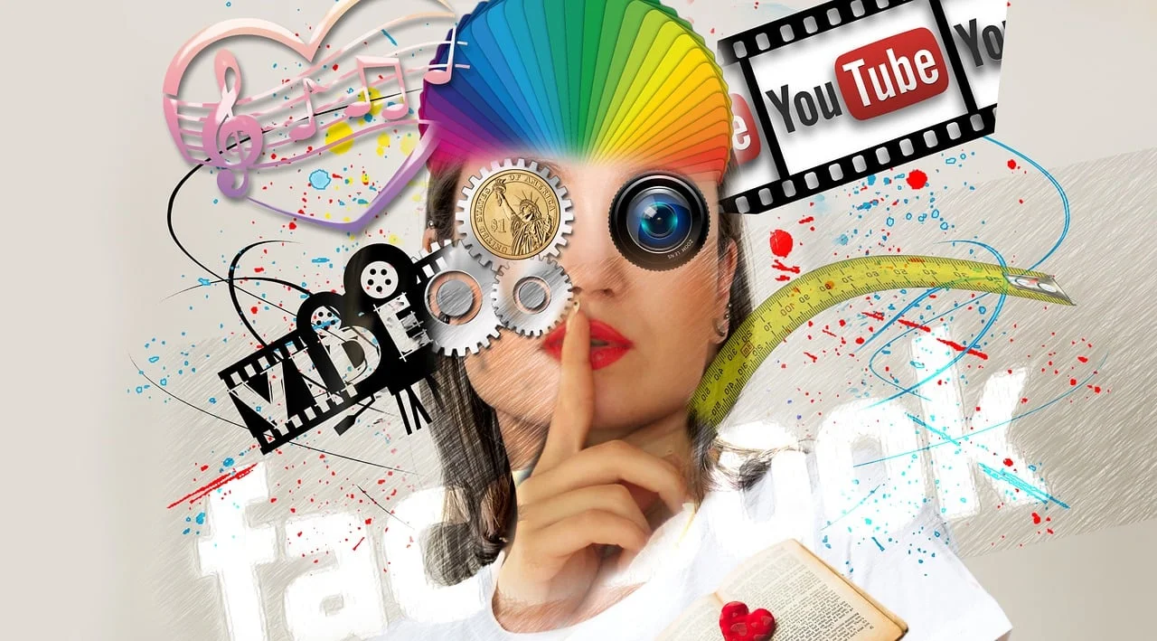 Surreal digital montage featuring a woman with a colorful, whimsical design replacing her head, incorporating elements like social media icons, gears, and artistic splashes depicting youtube's most successful creators