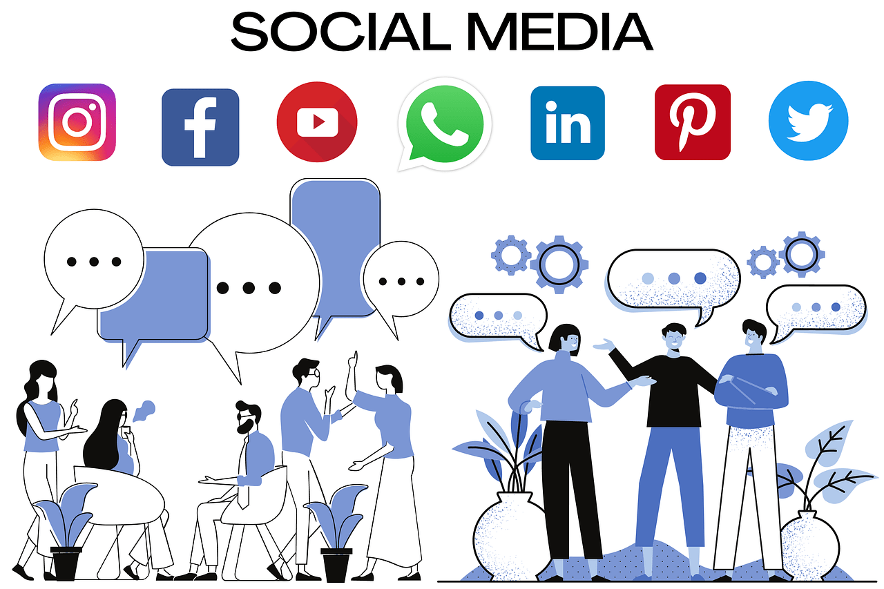 Illustration of diverse people engaging in conversation about influencer partnerships, surrounded by social media icons like Instagram, YouTube, WhatsApp, LinkedIn, Pinterest, and Twitter depicting influencer partnerships