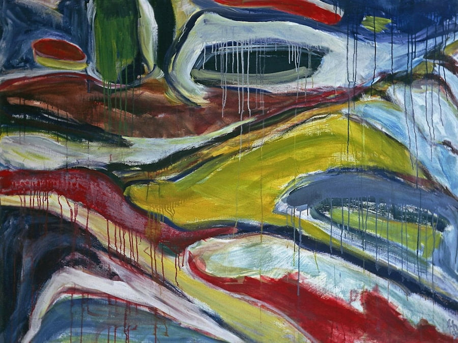 Abstract painting featuring an array of colors, including red, green, blue, and yellow, with flowing shapes and visible paint drips creating a sense of movement and texture.