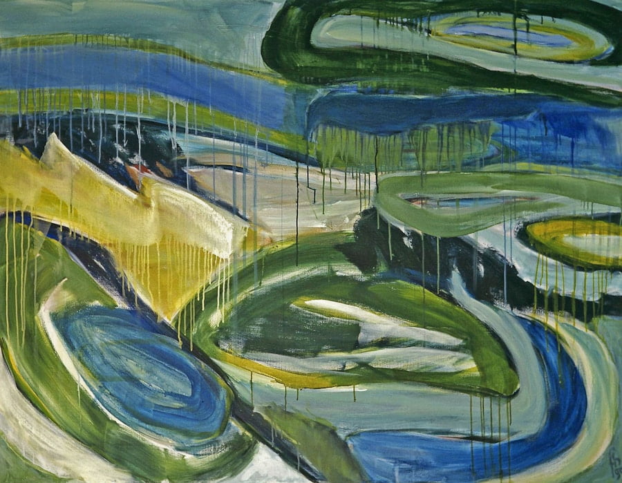 Abstract painting featuring swirling green, blue, and yellow shapes with dripping paint effects throughout the composition.