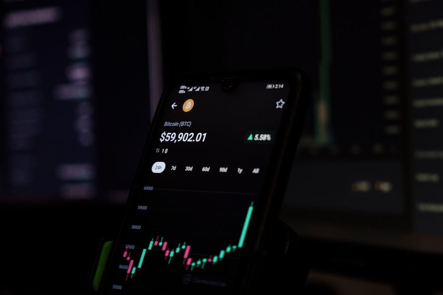 A smartphone screen displays a Bitcoin price of $59,902.01 with a 5.95% increase. A line graph indicates a price surge.